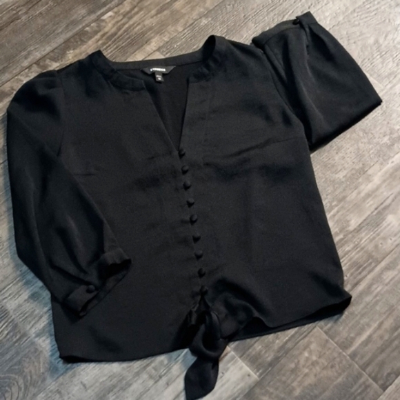 Express Tops - Express Black Button-Down Blouse with Tie-Front